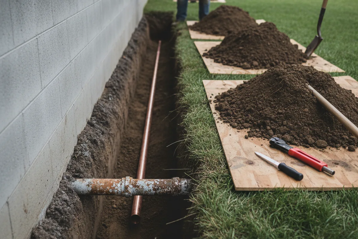 Excavated water line trench during Sewer Line Repair in Coshocton